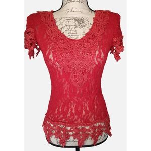 80's Red Floral Crochet Lace Glam Blouse With Shoulder Pads By Asriel Size M